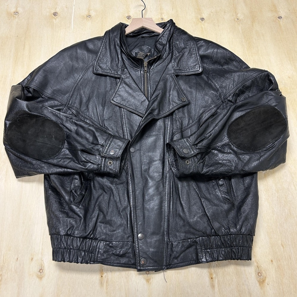 Vintage Stefano Jacket Mens XL Black Leather Bomber Elastic Waist Padded Zip